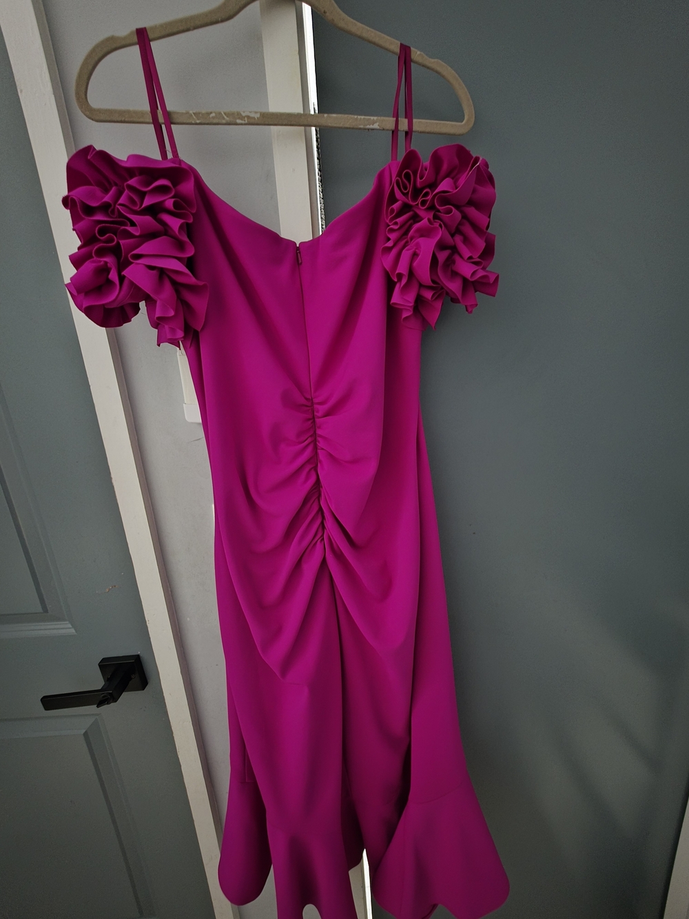 Xscape Fuchsia Off-Shoulder Ruffle Midi Dress - Picture 4 of 8